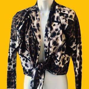 PURE SILK Vintage 80's Open Front Tie Waist Top Topper Jacket Animal Print